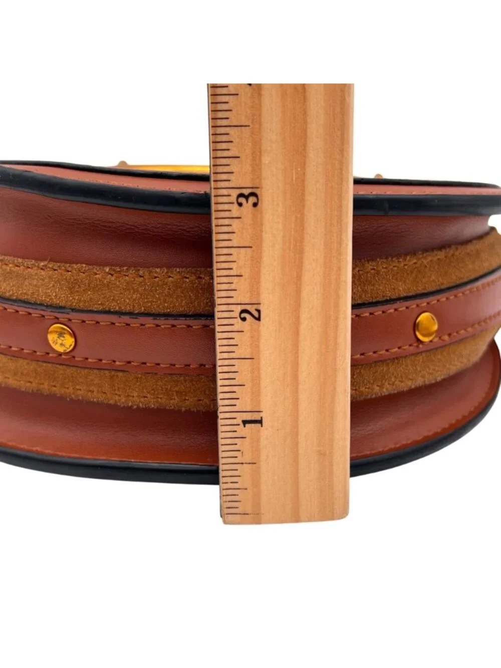 Round Faux Leather Crossbody Bag Gold Handles And Adjustable Strap Brown & Suede - Picture 12 of 14